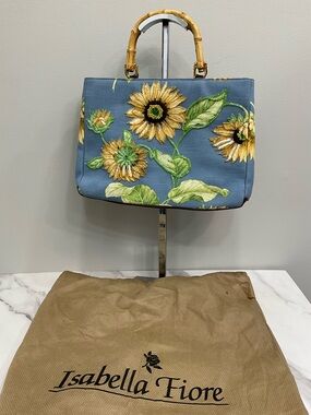 ISABELLA FIORE Blue Sunflower Embroidered Tote Bamboo Handle Floral Bag